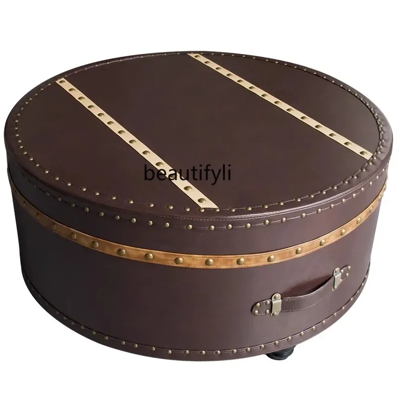 

A15 американский журнальный столик из кожи для гостиной, кожаный журнальный столик в стиле ретро, круглый креативный маленький круглый столик для проживания в семье