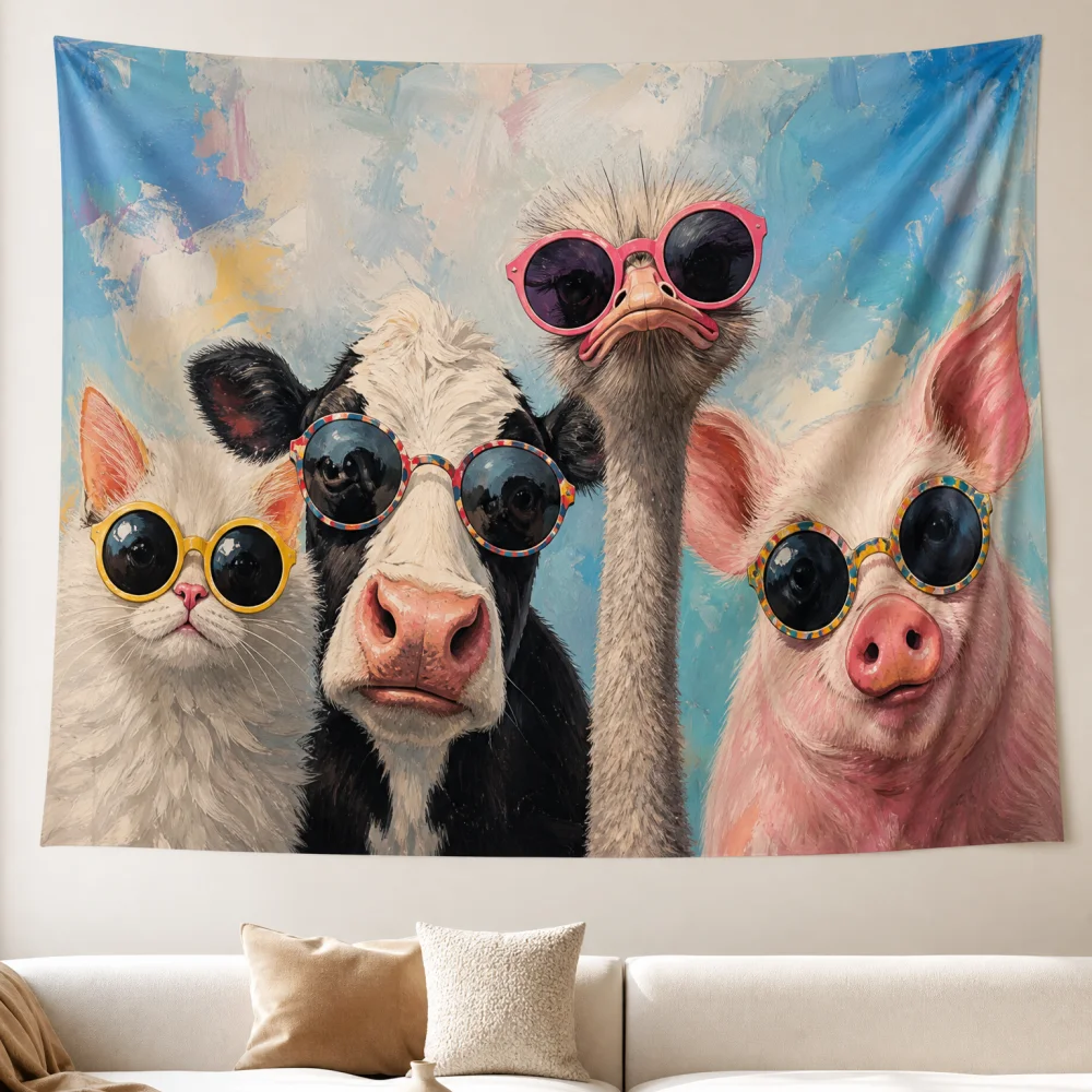 Light blue textured sunglasses farm animals 150X100CM customizable tapestry dormitory cute and warm wall background fabric