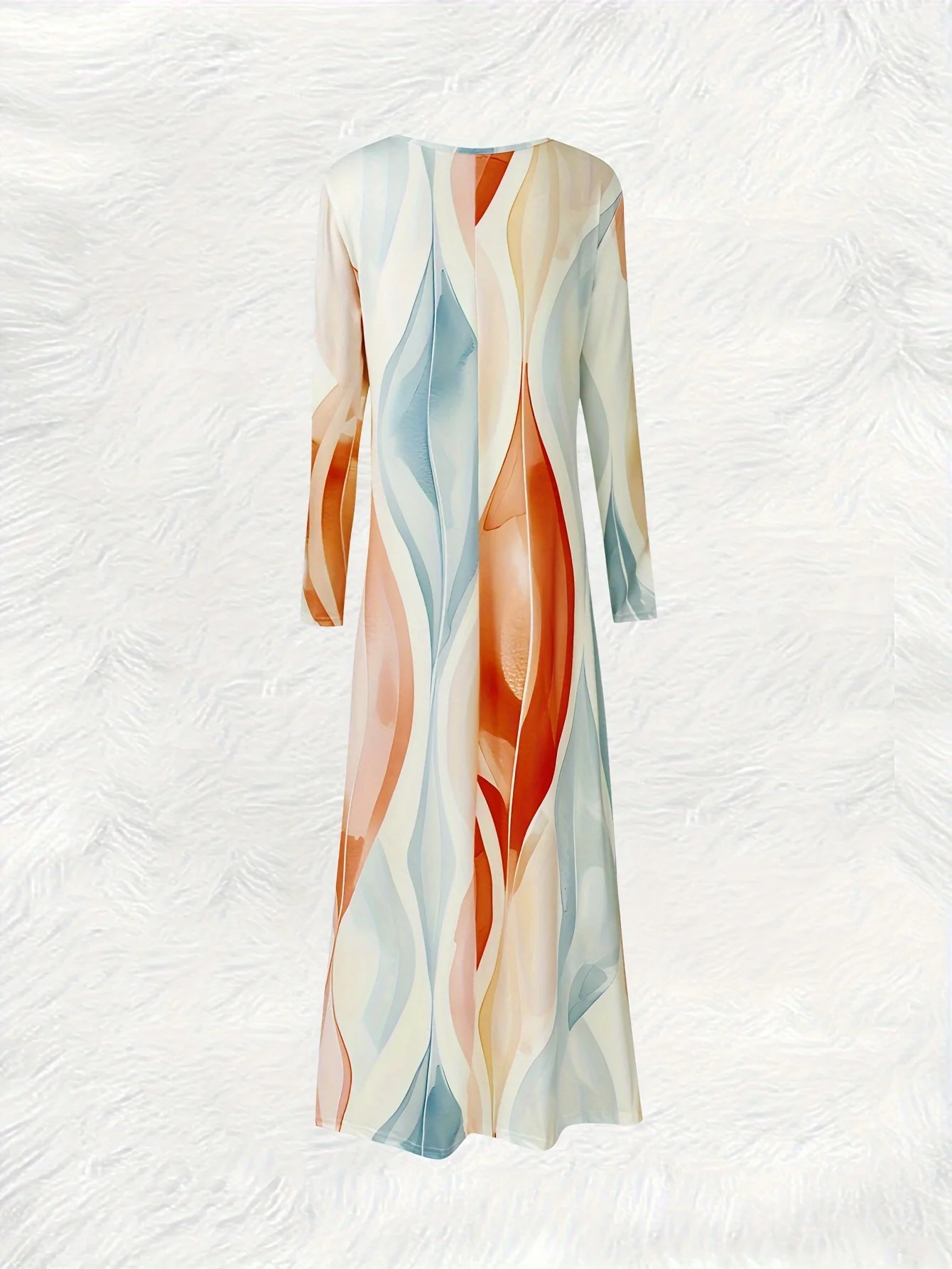 Abstract Wave Gradient Print Vacation Dress Women Long Sleeve Round Neck Flowy Summer Dress Casual Beach Party Outfit