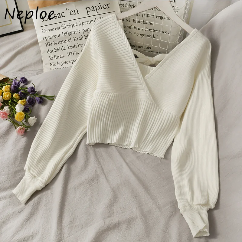 Neploe V Neck Cross Bow Design Sexy Open Back Sweater Pullover Long Sleeve Slim Fit Knit Pull Femme Spring Outwear Solid Sueter