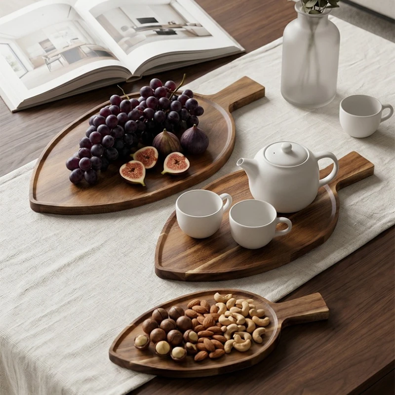 Leaf Shaped Solid Wood Tray Creative Household Fruit Snack Plate Hallway Key Sundries Storage Tray Living Room Decor