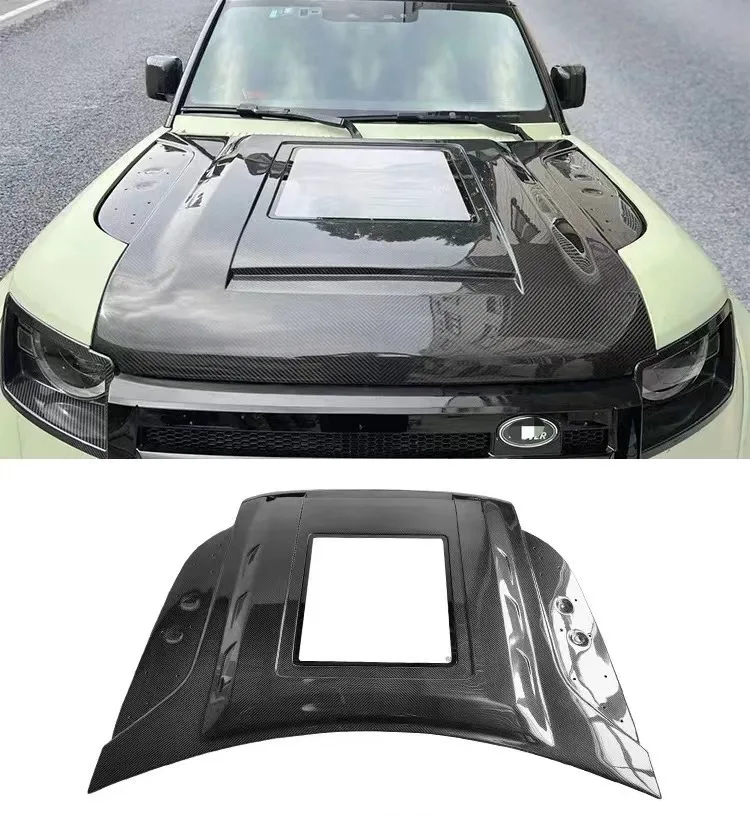 أغطية من ألياف الكربون الجافة لسيارة Land Rover Defender 2020- مع محرك بونيه على الطراز الزجاجي الشفاف #1