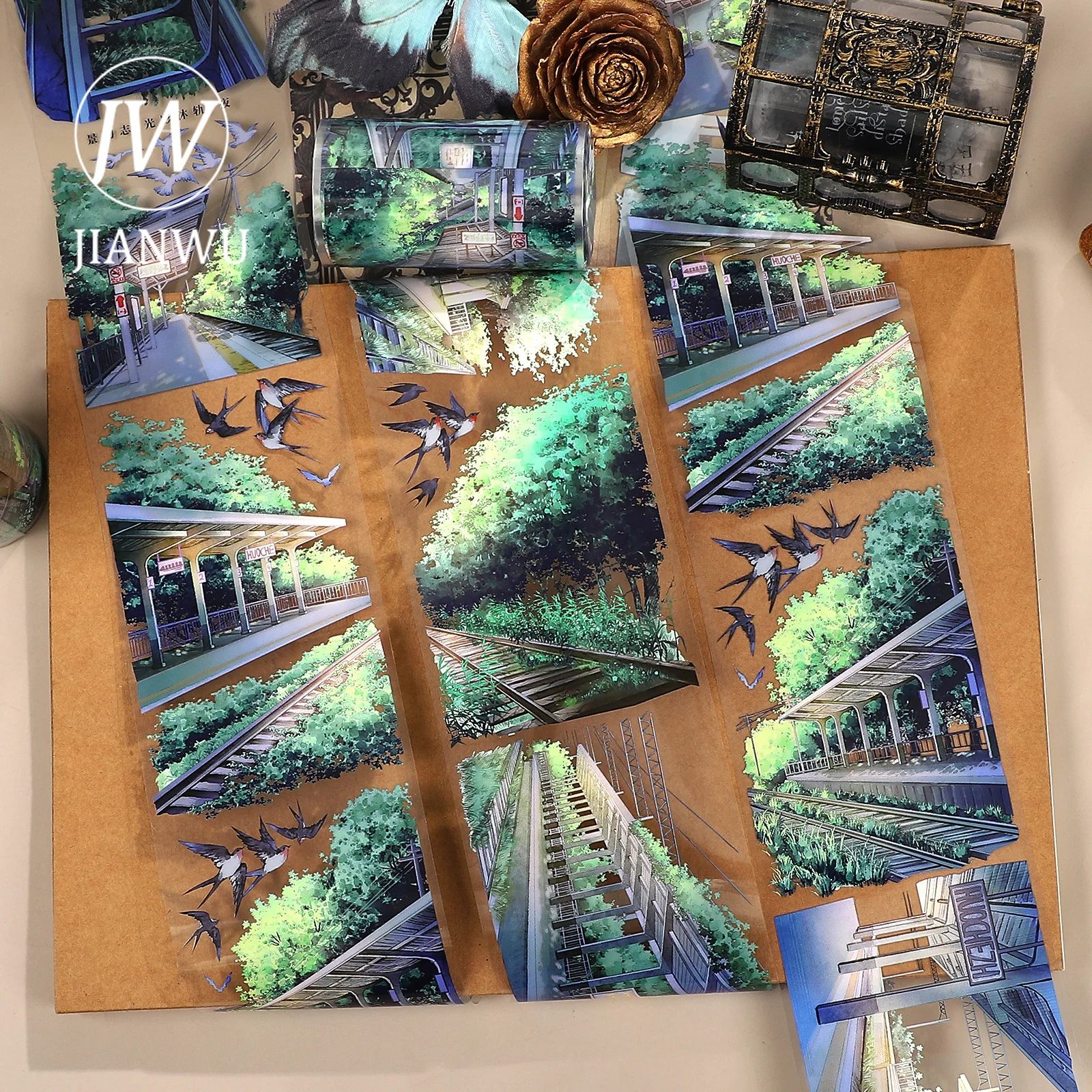 

JIANWU 70 мм * 5 м винтажный светильник и теневой рельс, растительный пейзажный материал, коллаж, скрапбукинг, ПЭТ-лента, креативный журнал, канцелярские принадлежности