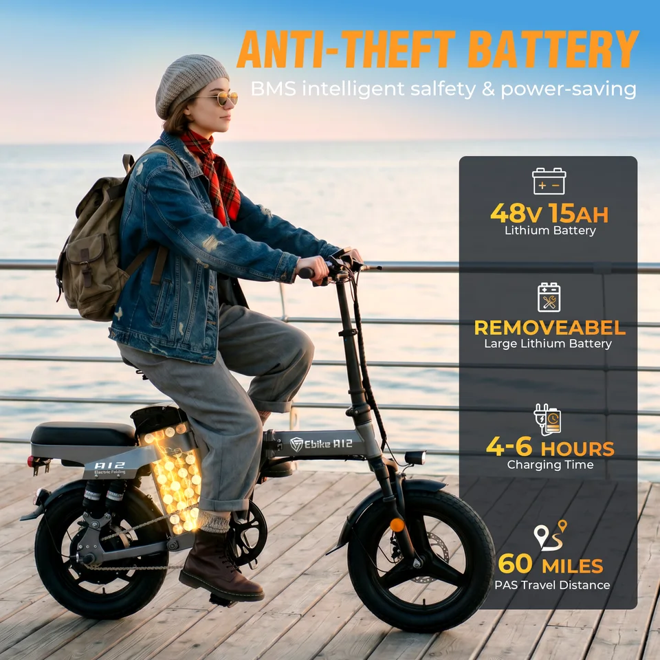 DTTZH A12 Folding Electric Bike for Adults, 14" Commuter E-Bike, 1000W Peak Motor, 48V 15Ah Removable Battery, 60 Miles Range, Remote Start, UL 2849 Certified image 6