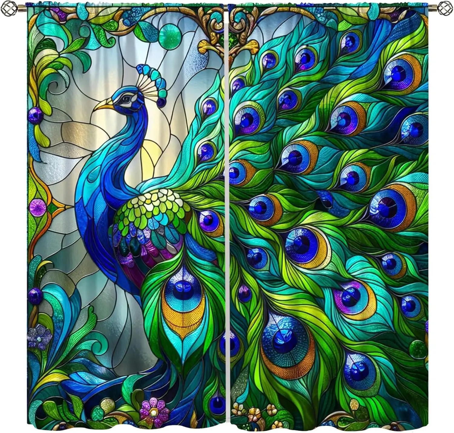 Forest Peacock Stained Glass Curtains for Kid Girls Boys Bedroom Tree Feathers Thermal Insulated Darkening Rod Window Treatments