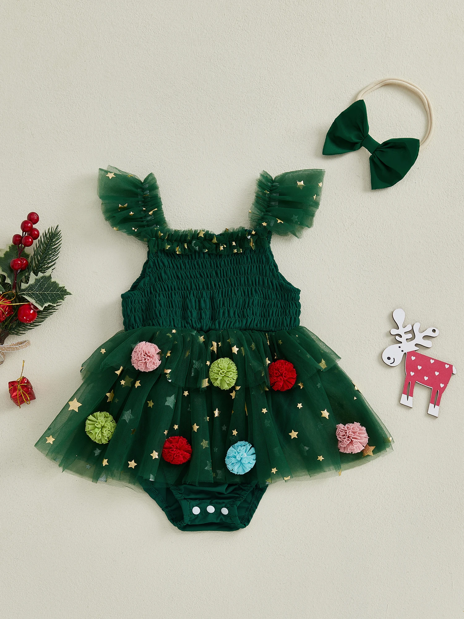 

Рождественский наряд для малышей, бархатный комбинезон с блестящими снежинками и рюшами на рукавах, одинаковый комплект с повязкой на голову с бантом, комплект из 2 предметов для маленькой девочки