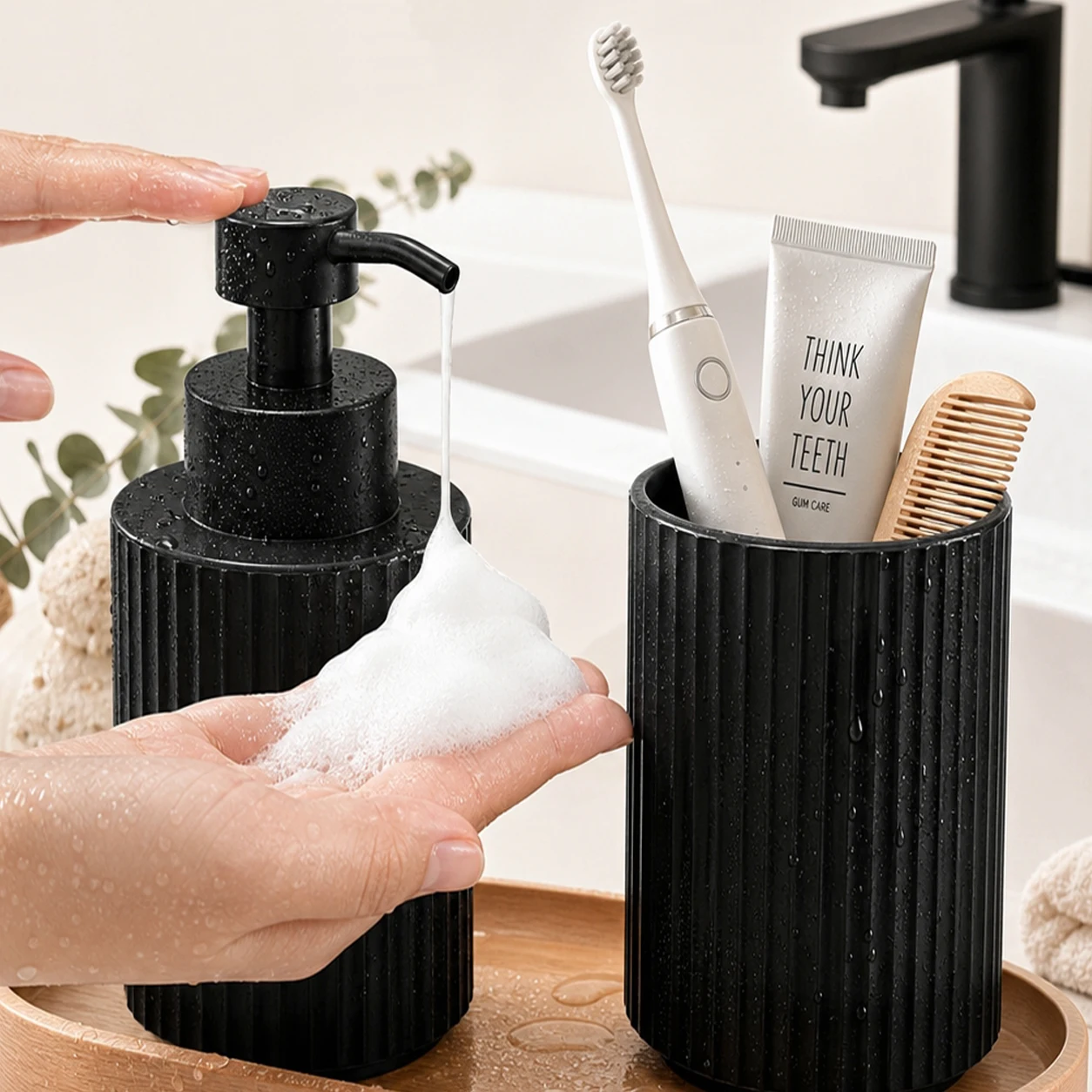 Bathroom Vanity Soap Dispenser and Toothbrush Holder Set, Refillable Foam Soap and Toiletries Storage Supplies for Home Decor