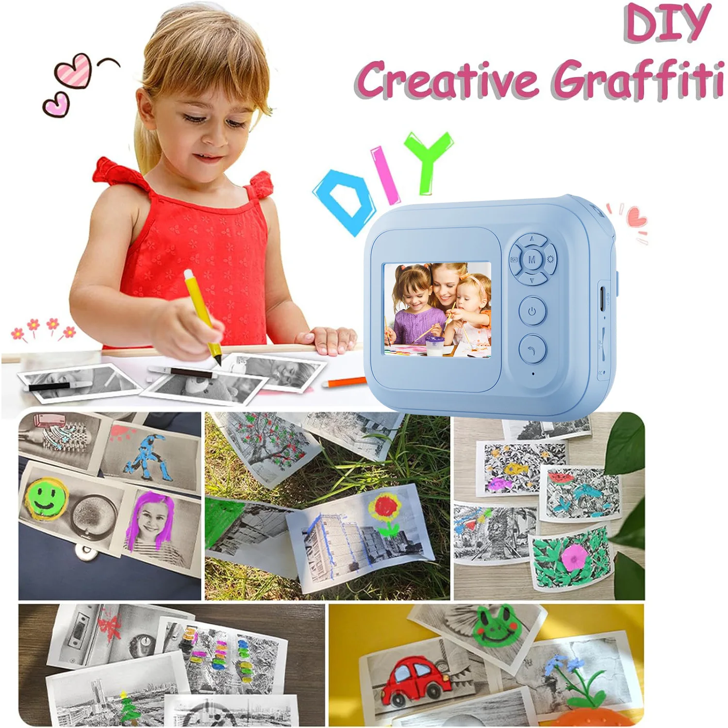 Fotocamera per bambini, giocattoli per bambini, stampante due in uno può scattare foto, stampa direttamente foto in bianco e nero