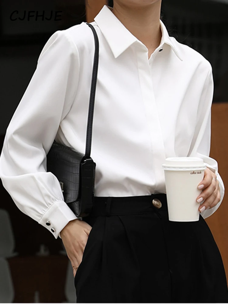 CJFHJE OL Style Formal Women Shirts White Turn-Down Collar Tops Elegant Workwear Female Blouse Single-Breasted Long Sleeve Shirt