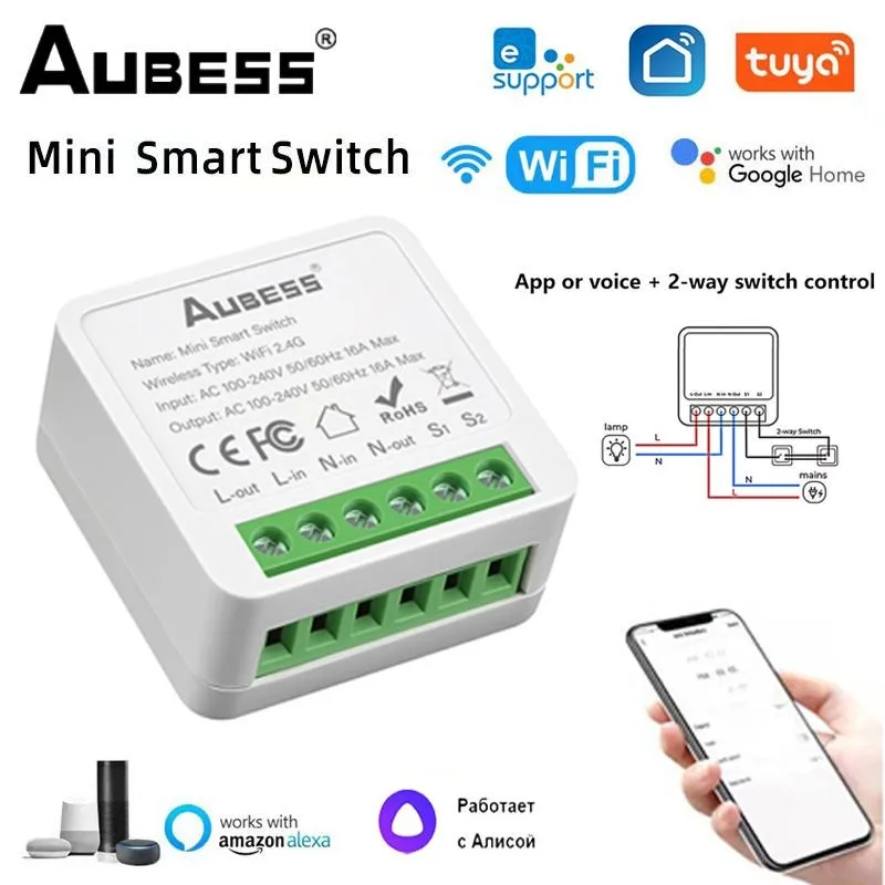 Tuya MINI Wifi Smart Switch 16A Temporizador De Controle De 2 Vias Interruptores Sem Fio Smart Life Automation Compatível Com Alexa Google Home