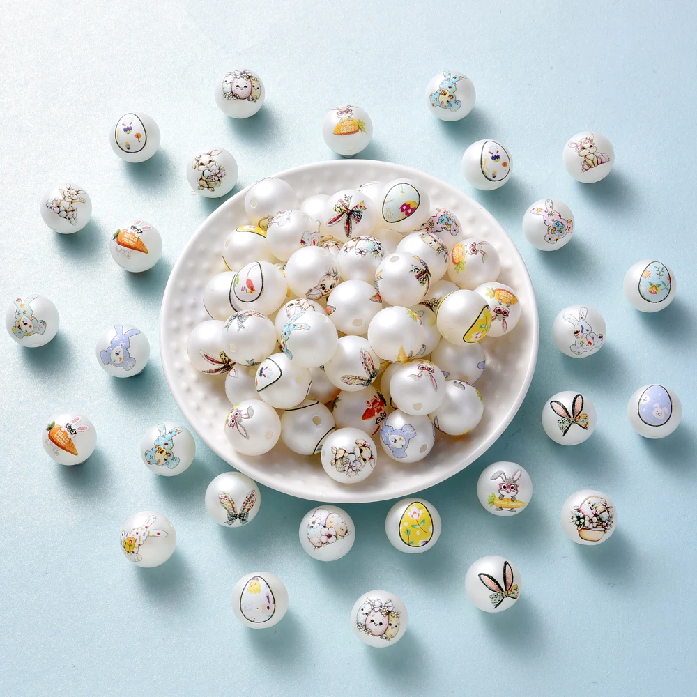 10Pcs Frosted White Acrylic Beads Printed Easter bunny pattern Round Loose Beads for DIY Pacifier Chain Clips Bracelet Necklace
