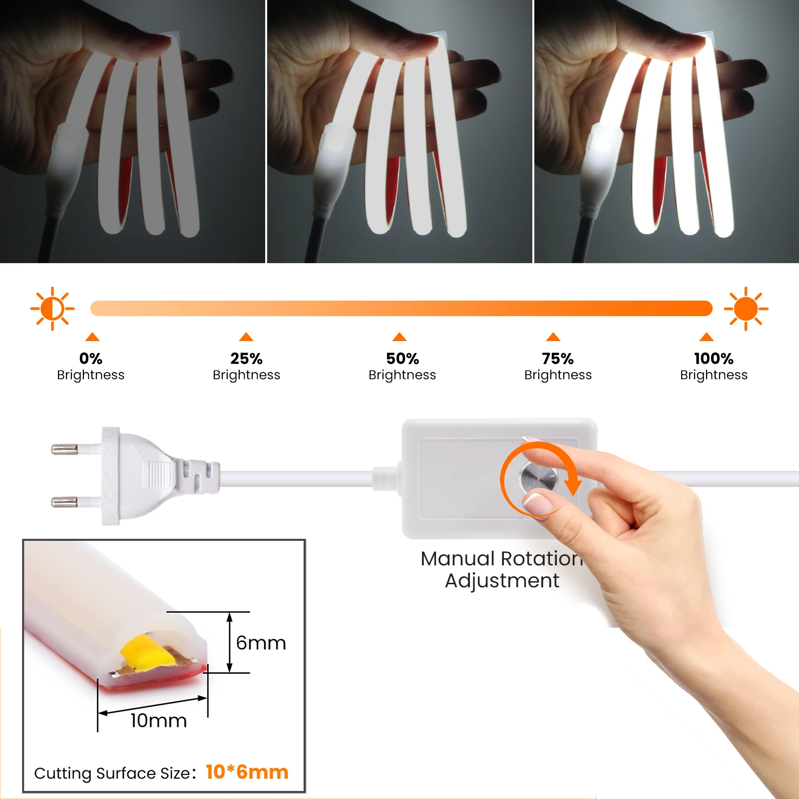 AC 220V COB Neon Strip EU UK Ściemnialna wtyczka 3000K 4000K 6000K Wodoodporny ogród Wystrój domu Samoprzylepna wstążka Łańcuch świetlny