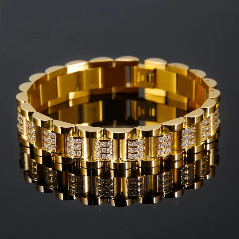 

14mm Heavy Punk Gold Color Strap Watchband Bracelet Men Women Hiphop Stainless Steel CZ Zircon Bike Watch Chain Bangle Jewelry