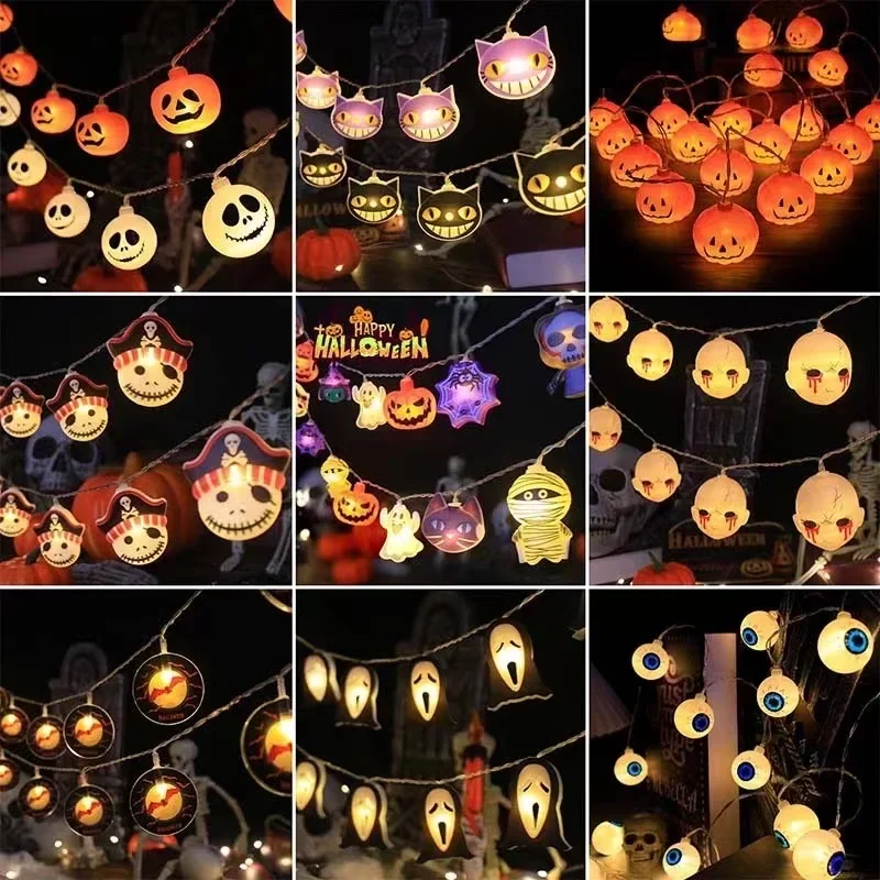 Halloween abóbora luzes da corda morcego aranha lâmpadas de corda alimentado por bateria ao ar livre festa de halloween guirlanda decoração luz da noite