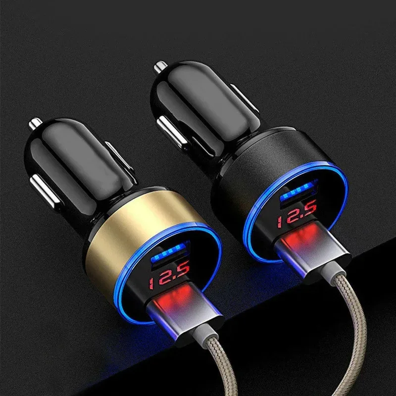 1/2Pcs Car Charger For Cigarette Lighter USB Adapter Mobile Phone Charger Dual USB Digital Display Voltmeter Fast Charging