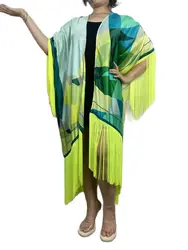 Europe Fashion 2023 Summer Boho Green Color Silk Printed Tassel Open Front Cardigans Middle East Bloggers Muslim Lady Coat