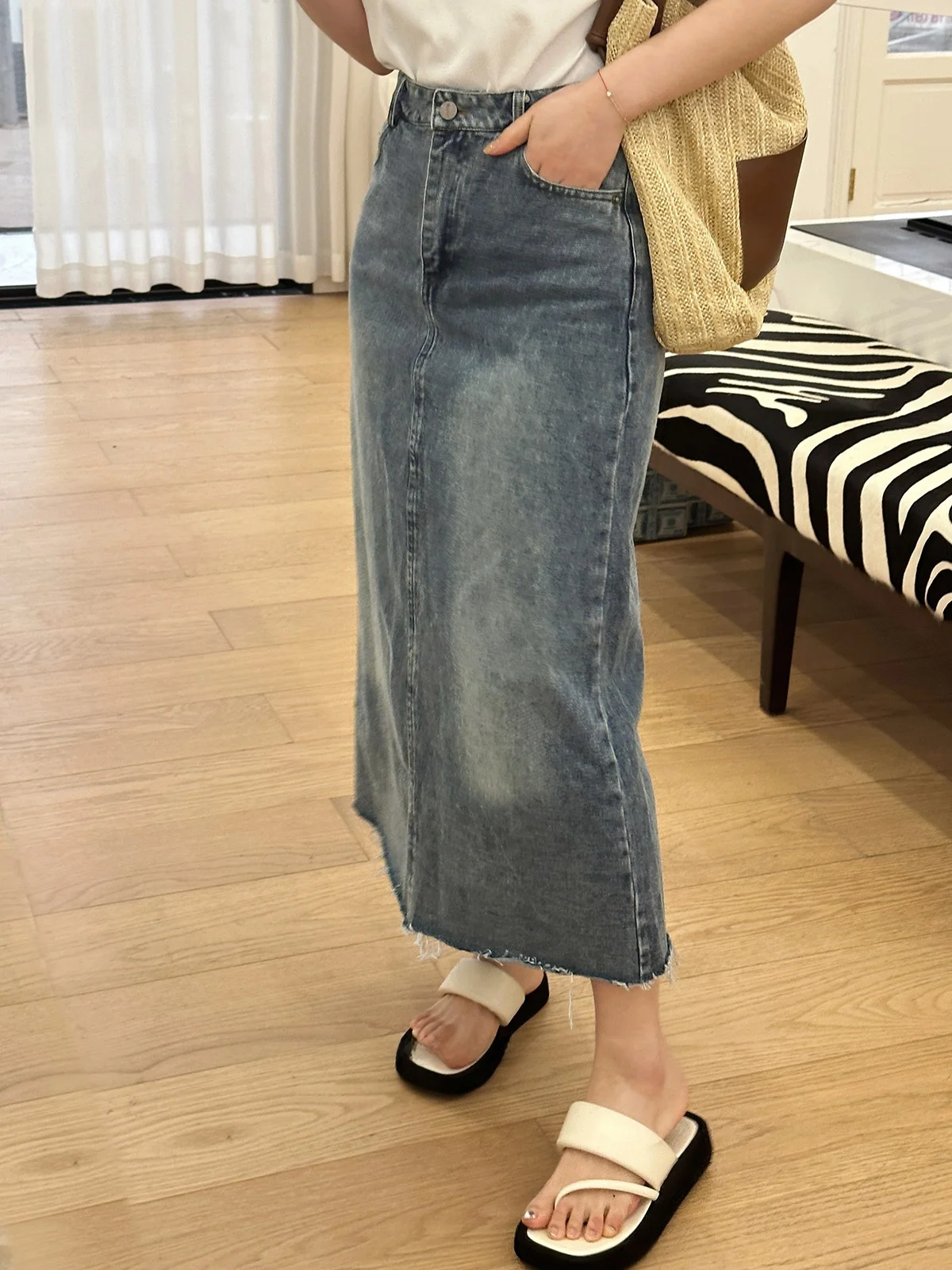 

Джинсовая юбка миди Jusiley с завышенной талией, прямым кроем, рваным краем, в корейском стиле, из хлопка, для повседневной носки