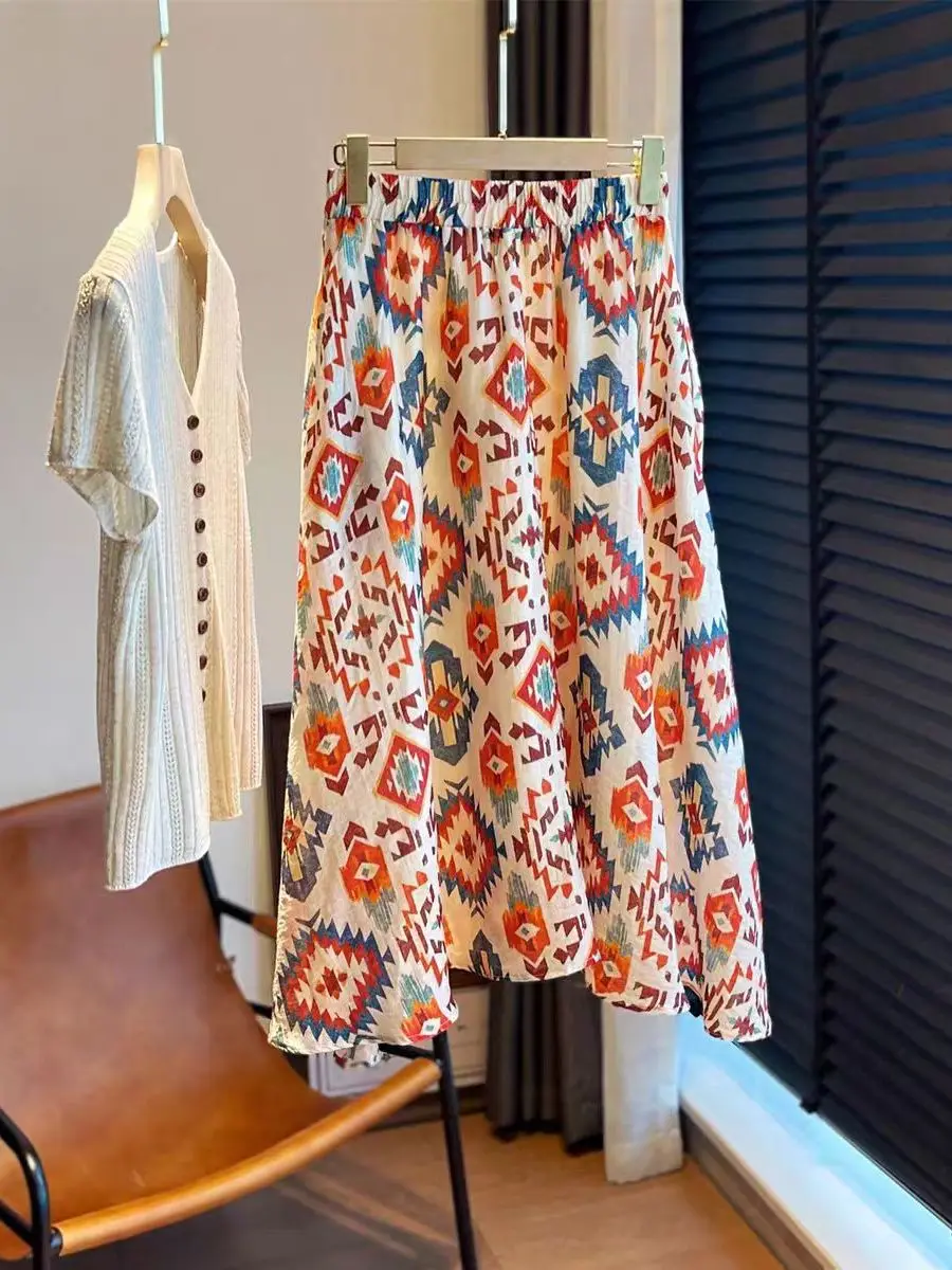 High Waist Printed Asymmetrical Half Skirt for Women Brand Tag Removed Summer Vacation Style White Enhancing Midi Skirt