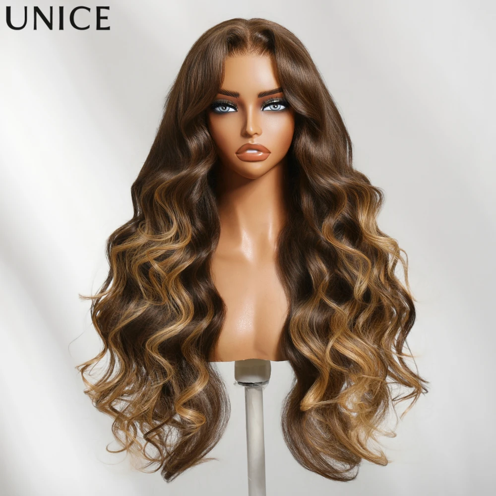 

UNice 7x5 Lace No-Slip Cap Loose Wave Wig Human Hair Chocolate Brown With Golden Highlights Glueless Wigs Ready To Wear