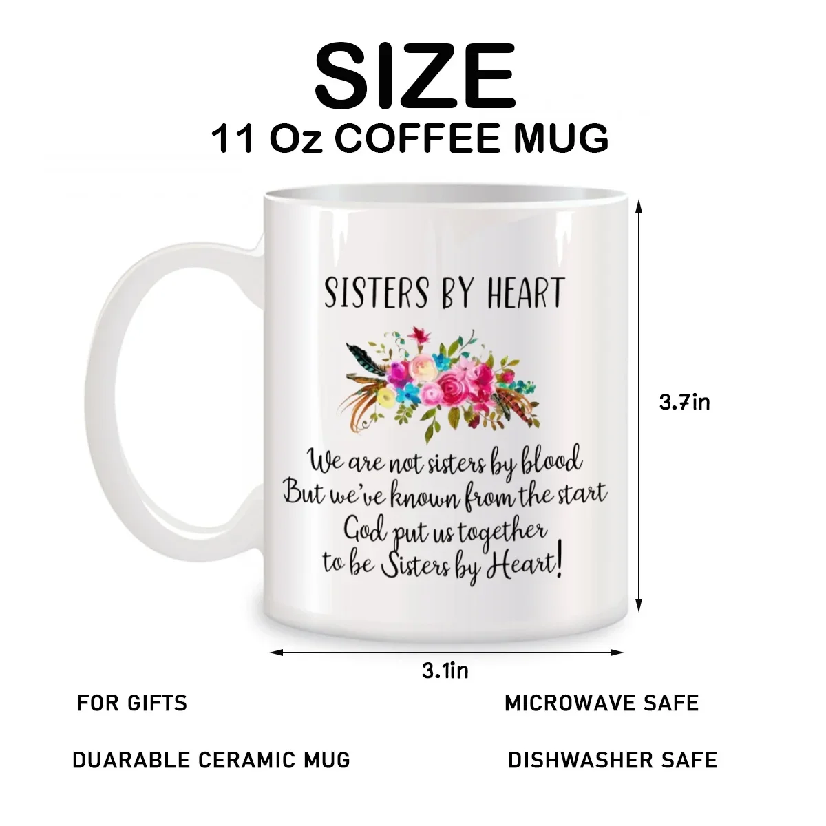 Sisters By Heart Mugs For Unbiological Sister, Soul Sister, Friend Birthday Gifts Novelty Coffee Ceramic Tea Cups White 11 oz