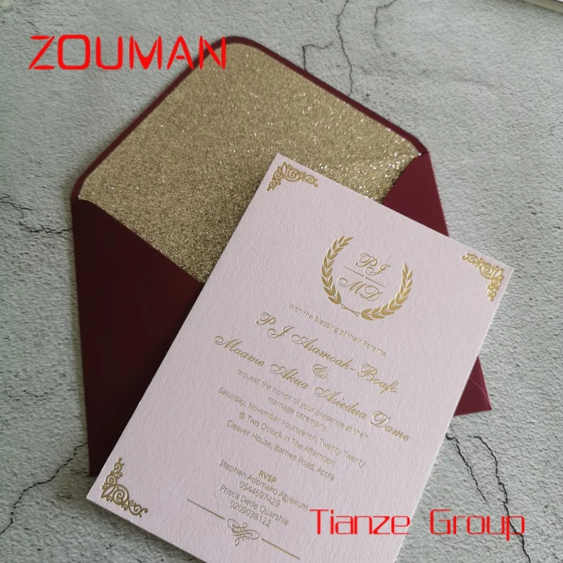 Elegante Luxus Roségold Folie Buchdruck speichern das Datum Hochzeit Einladung karten Grußkarten danke Karten Anpassung