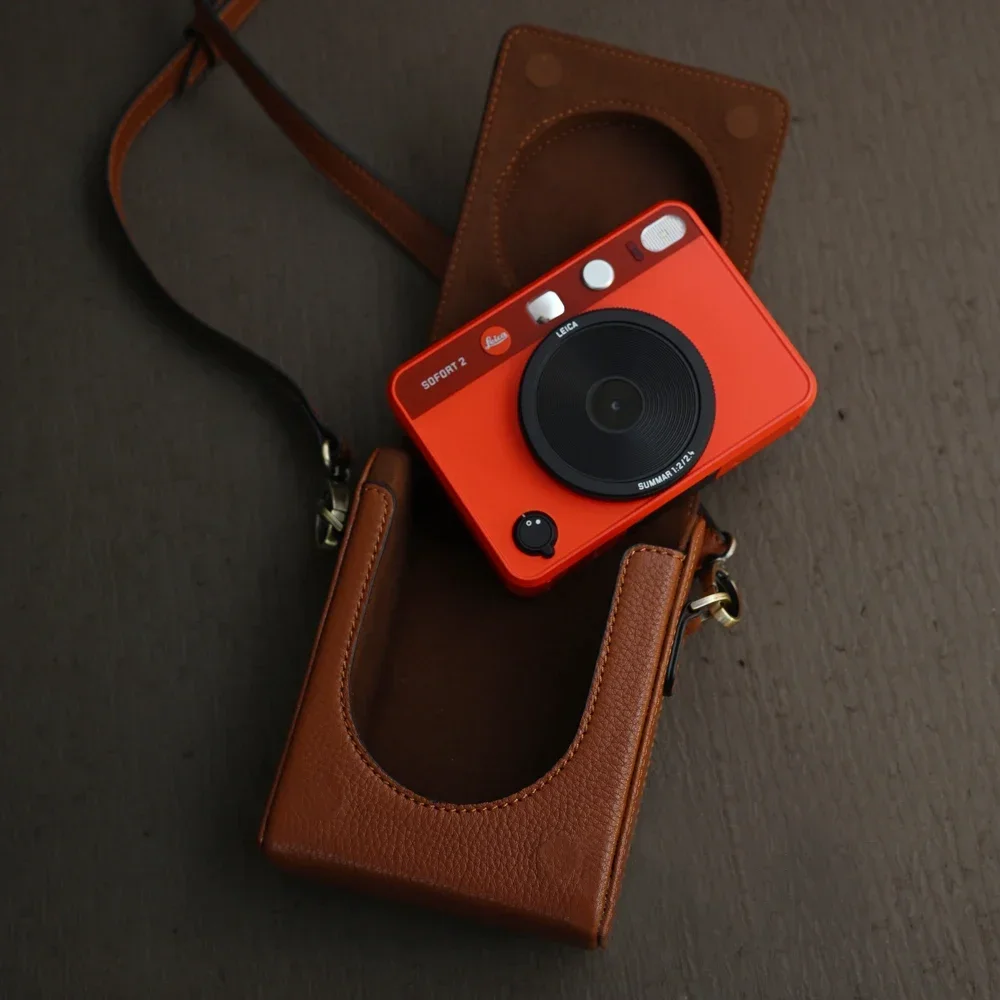 Leica Sofort2用の本革カメラバッグ,完全保護ケース,ショルダーストラップ付きベースグリップ