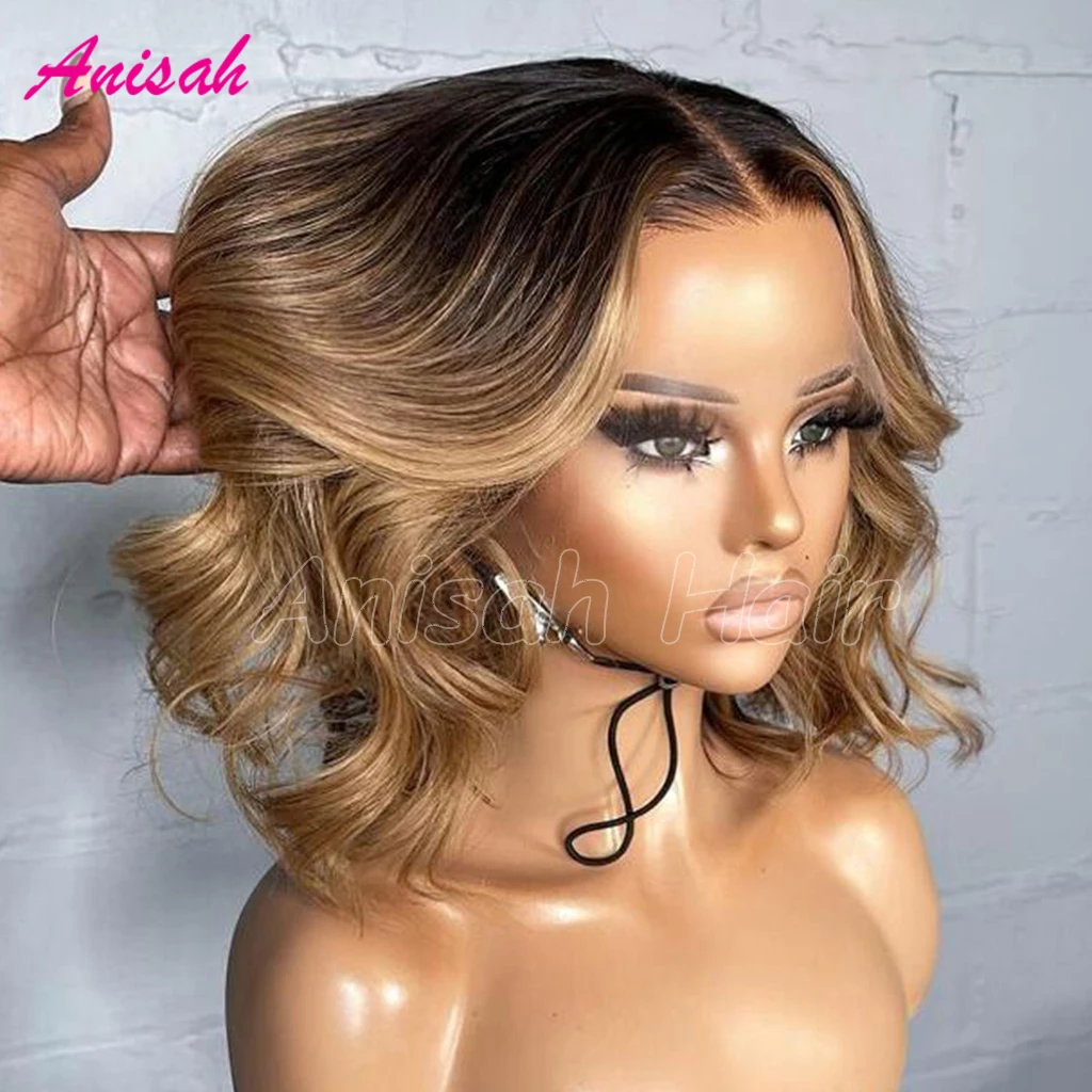 

Highlight Bob Wig Human Hair Wigs Brazilian 4X4 Lace Closure Wig For Women Ombre Colored Honey Blonde Short Bob Lace Frontal Wig