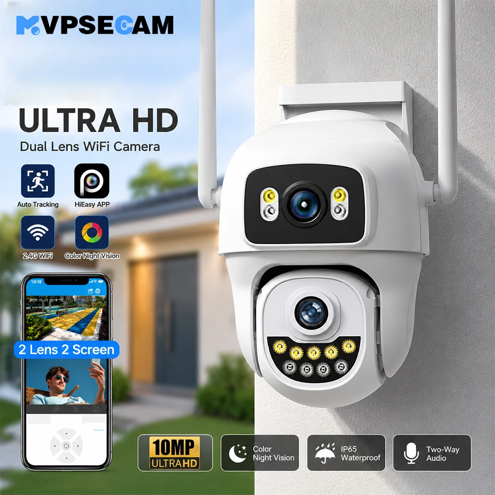Caméra de sécurité WiFi 10MP à 2 objectifs et 2 écrans, vision nocturne couleur, suivi automatique 360° °   Caméra PTZ IP66 étanche avec audio bidirectionnel et application HiEasy