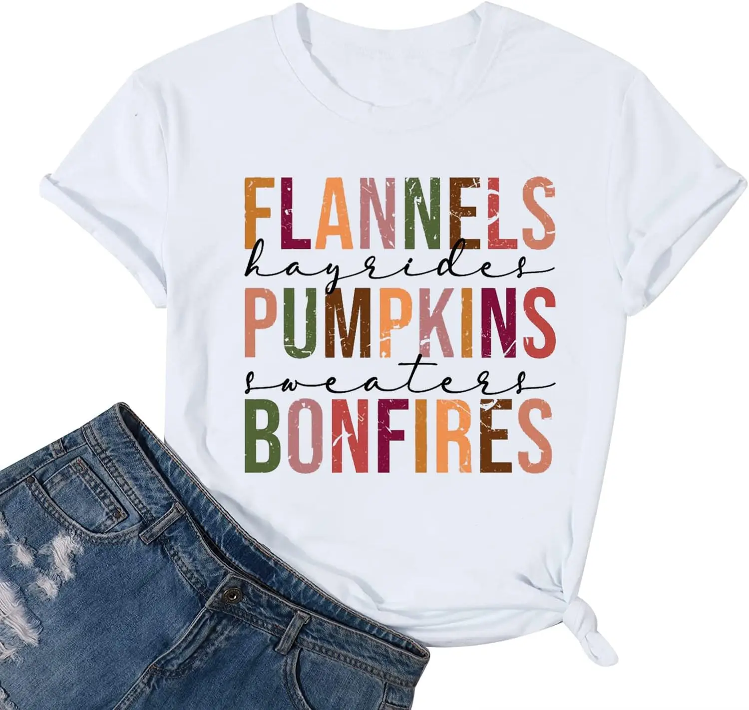 Flannels Pumpkins Hayrides S'mores and Bonfires Shirt Women Cute Fall Tshirt Pumpkin Spice Tee Casual Short Tops 100% Cotton