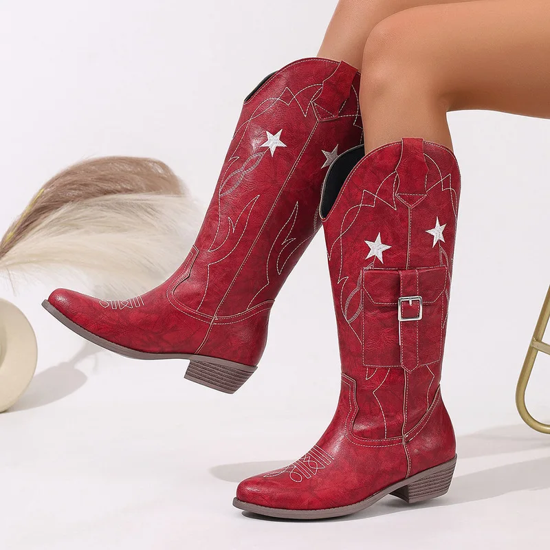 Women's leather boots, pocket knight boots, round toe embroidered western boots, high top boots, motorcycle boots