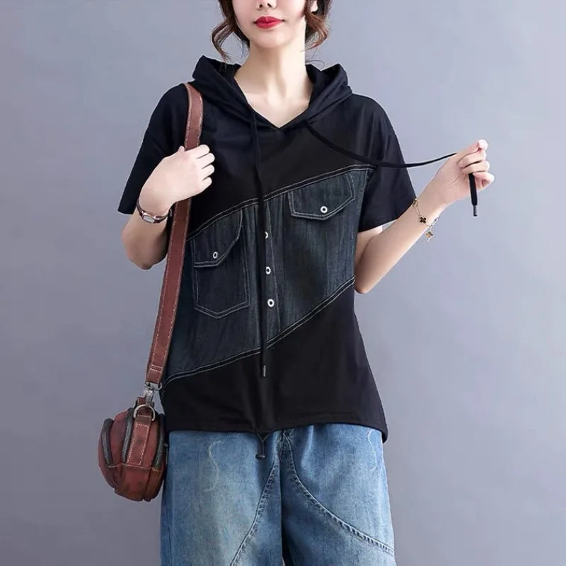 Summer New Women Solid Color Korean Commute Button Short Sleeve T-shirt Irregular Spliced Hooded Drawstring Hoodies Casual Tops