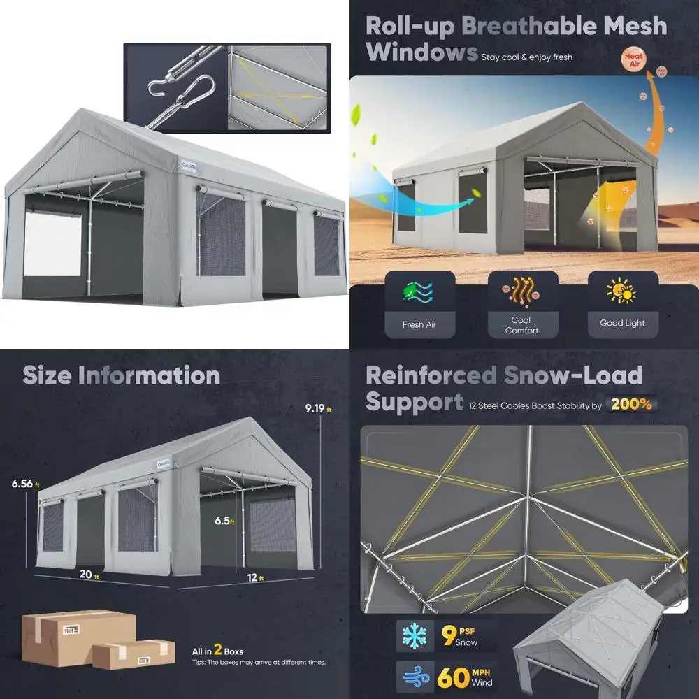 

Сверхмощный карман 12x20 футов с боковыми дверцами на молнии, снегозащищенными стальными кабелями, вентилируемыми окнами, водонепроницаемым решением для хранения вещей