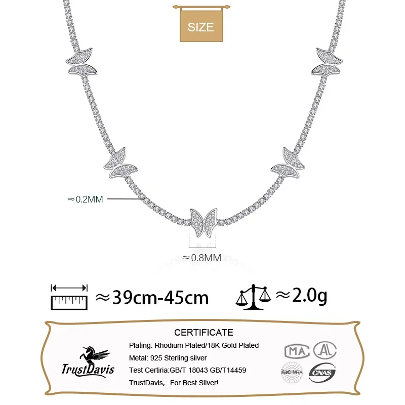 TrustDavis Genuine 925 Sterling Silver Temperament Butterfly Dazzling CZ Clavicle Necklace For Women Wedding Fine Jewelry DA2327