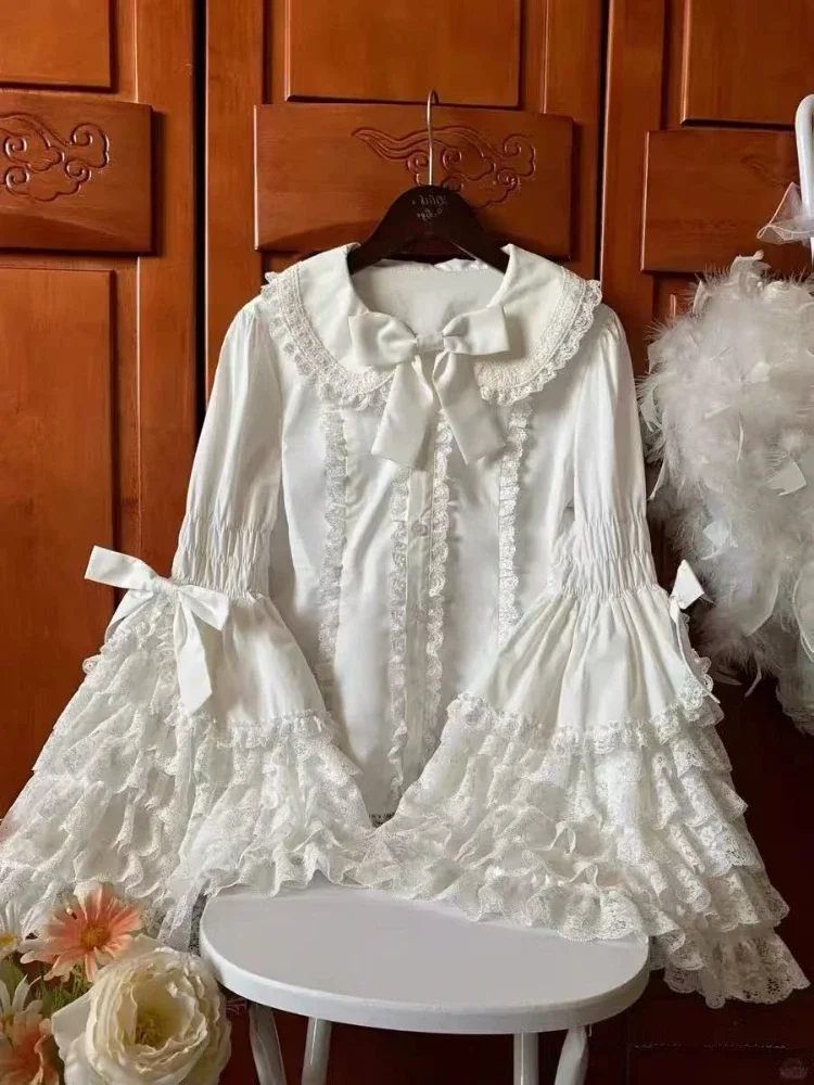 Harajuku Sweet Solid Long Sleeve Shirts for Women Japanese Lolita Lace Bow Ruffles Trendy Oversized Stylish Casual Blouses Tops