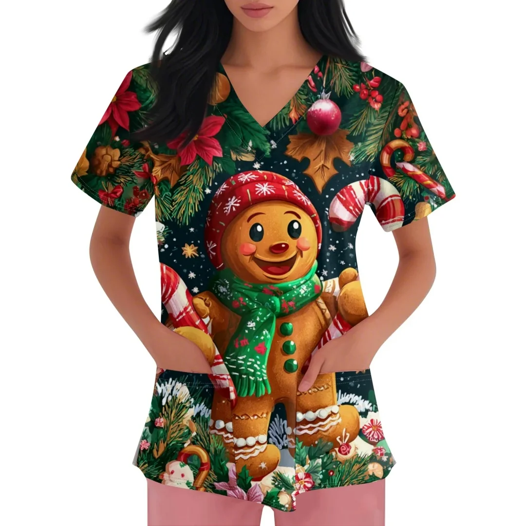 Women's Gingerbread Christmas Scrub Medical Uniform Cute Print Breathable Elastic Fabric V-Neck Short Sleeve Pocket Beauty Salon