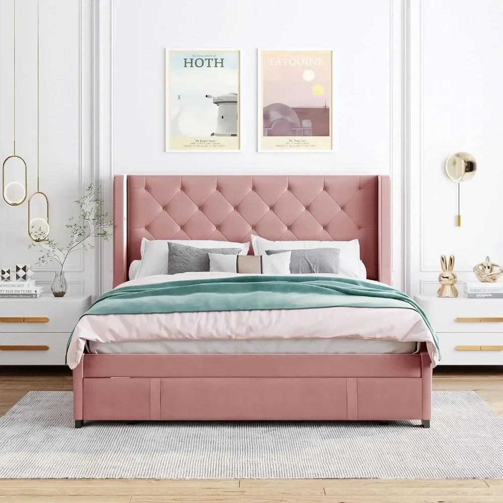 Large Upholstered Platform Bed Frame with Storage Drawers, Velvet Bed Frame, Sturdy Wooden Slatted Support, Pink