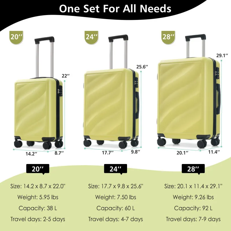 Set 3 Piece Lightweight Durable ABS Suitcases With Spinner Wheels And Lock Carry On  Checked Travel
