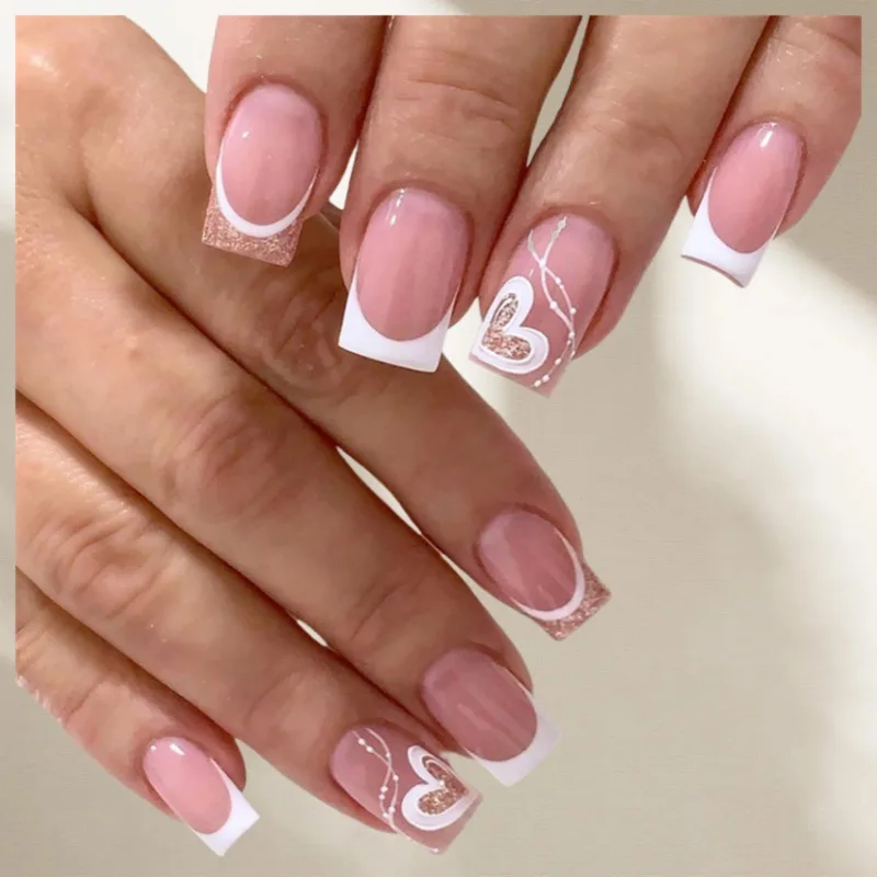 

24Ps/Set Short Flat French False Nails Art White Edge Pink Full Cover Removable Fake Nail Artificial Acrylic Press on Nails Tips