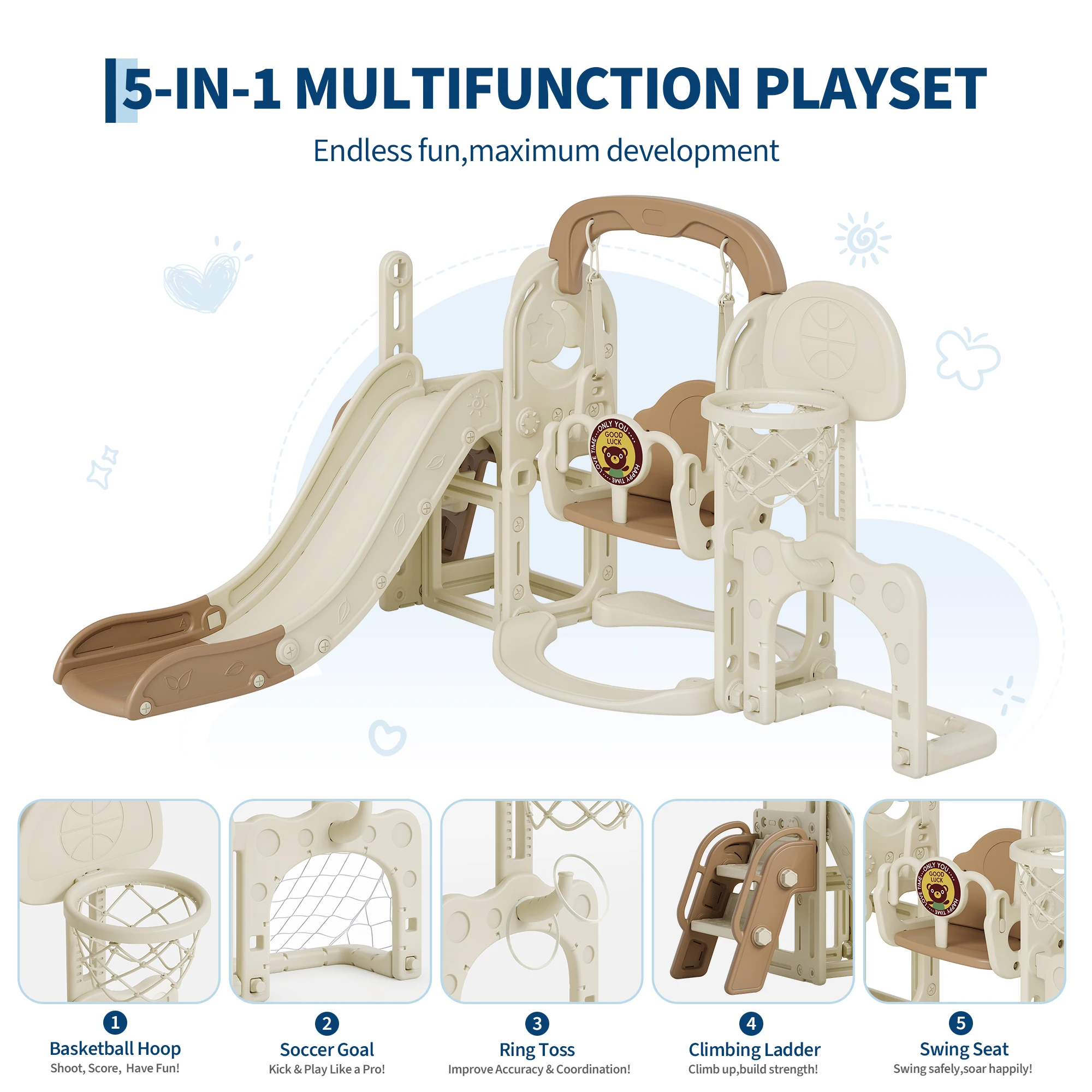5 In 1 Toddlers Slide Indoor Outdoor Playset Climber, Basketball Hoop, Soccer Goal, Ring Toss, Swing Seat, Toy Storage, Kids Slide, Playground Toys
