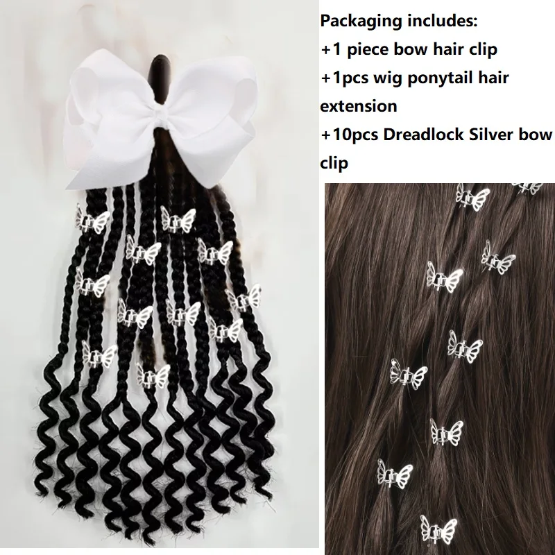 

2025 NEW Braid Kids Braids Elastic Ponytails with Curly End with Bow Clip and Butterfly Clips Dreadlock Hair Beads for 3-12years