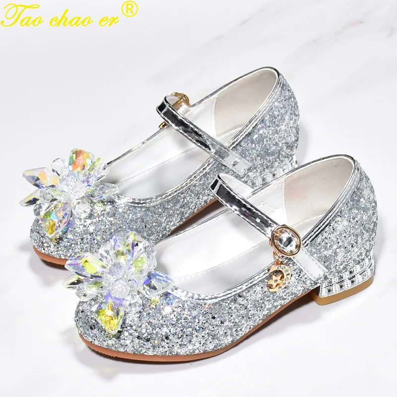 

Girls Leather Shoes 2023 New Diamond Flower Children's High Heels Kids Princess Dance Crystal Student Performance Dance Shoes