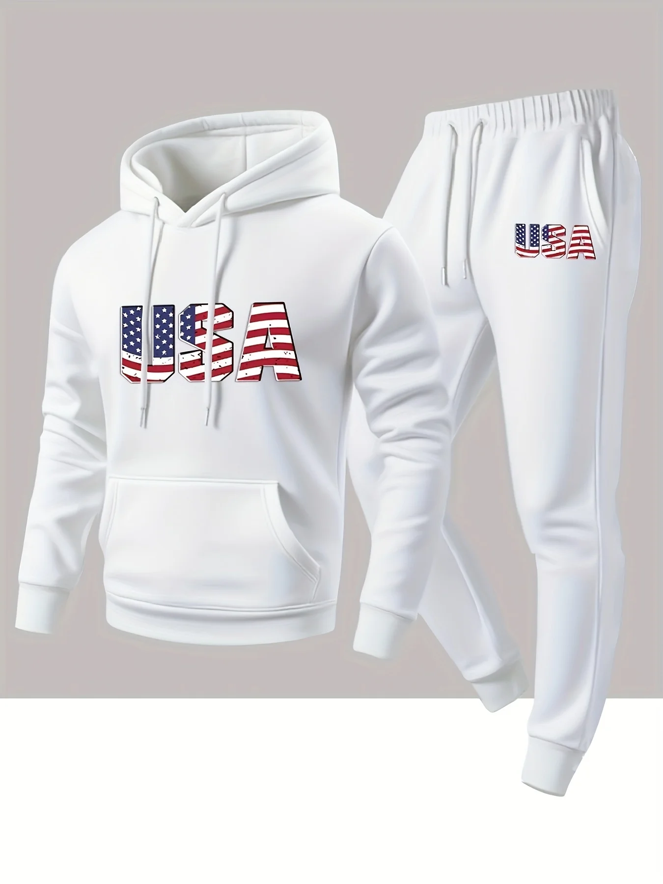 2026 Men 2 Piece Tracksuit USA Flag Letter Print Hoodie + Jogger Pants Set Casual Loose Streetwear Autumn Winter Sportswear Suit
