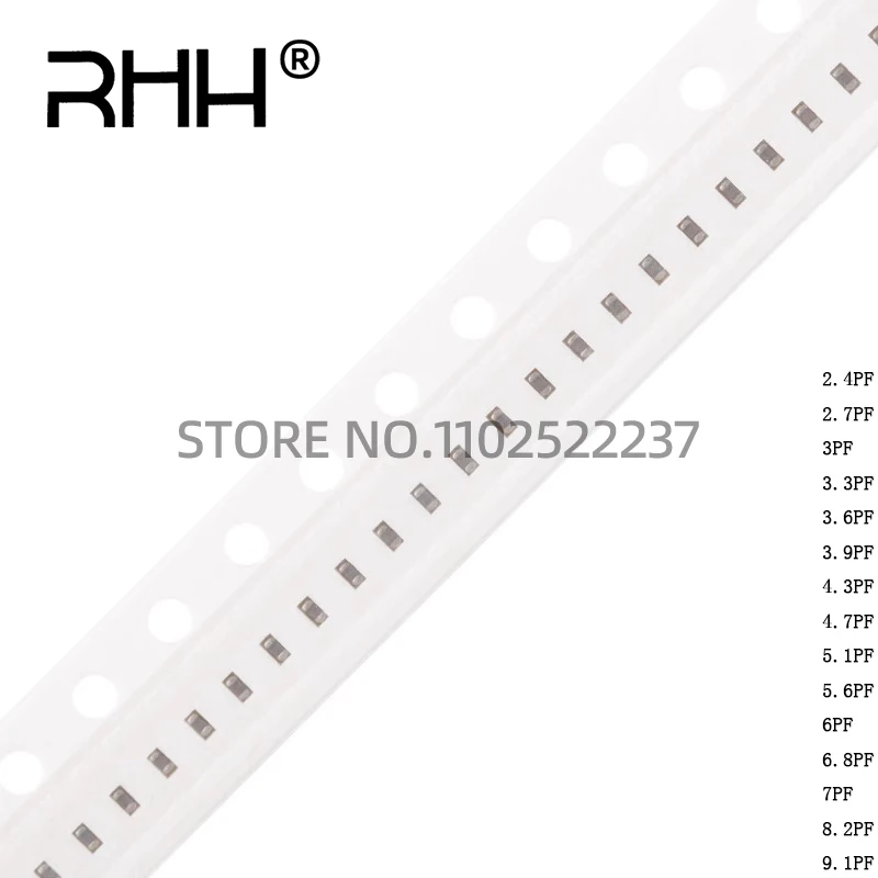 100ชิ้น /smd/ ชิปตัวเก็บประจุเซรามิก0402 2.4PF 2.7PF 3PF 3.3PF 3.6PF 3.9PF 4.3PF 4.7PF 5.1PF 5.6PF 6PF 6.8PF 7PF 8.2PF 9.1P 5% 50V