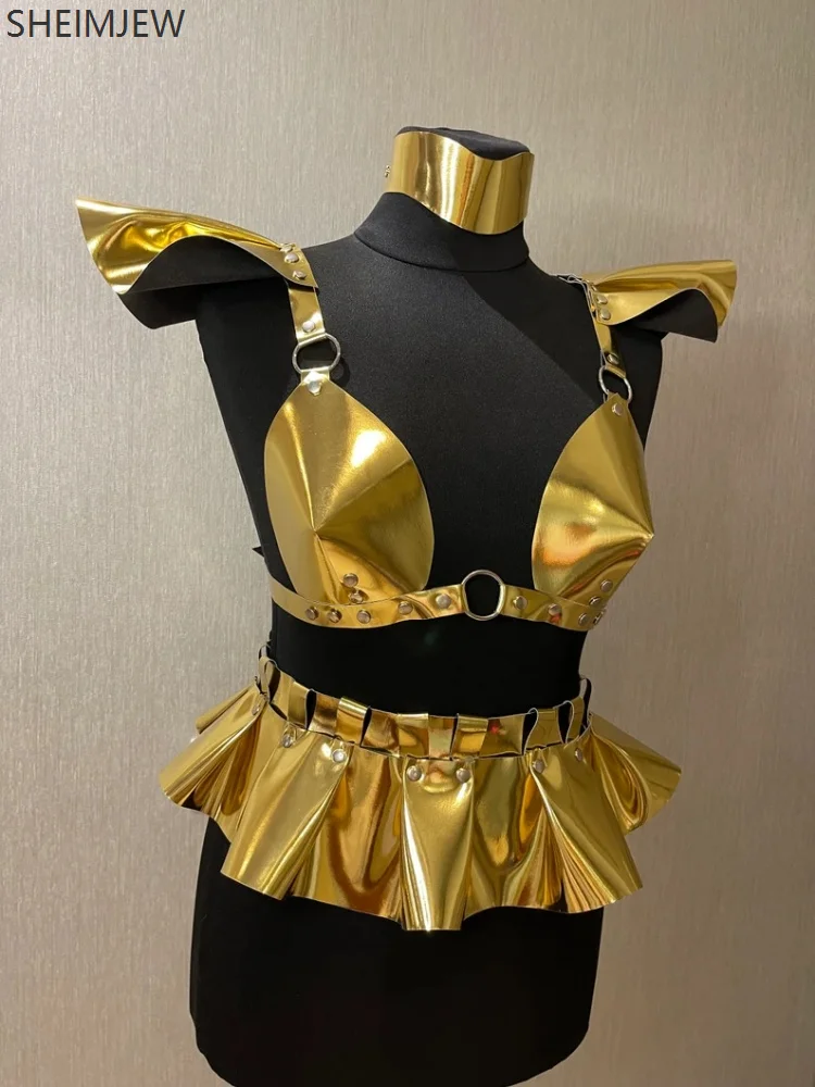 

Gold Bra Belt Flying Shoulder Skirt Female Performance Jazz Dance Costume Adult Role Play Bar Nightclub Dj Dancer Leather Dress