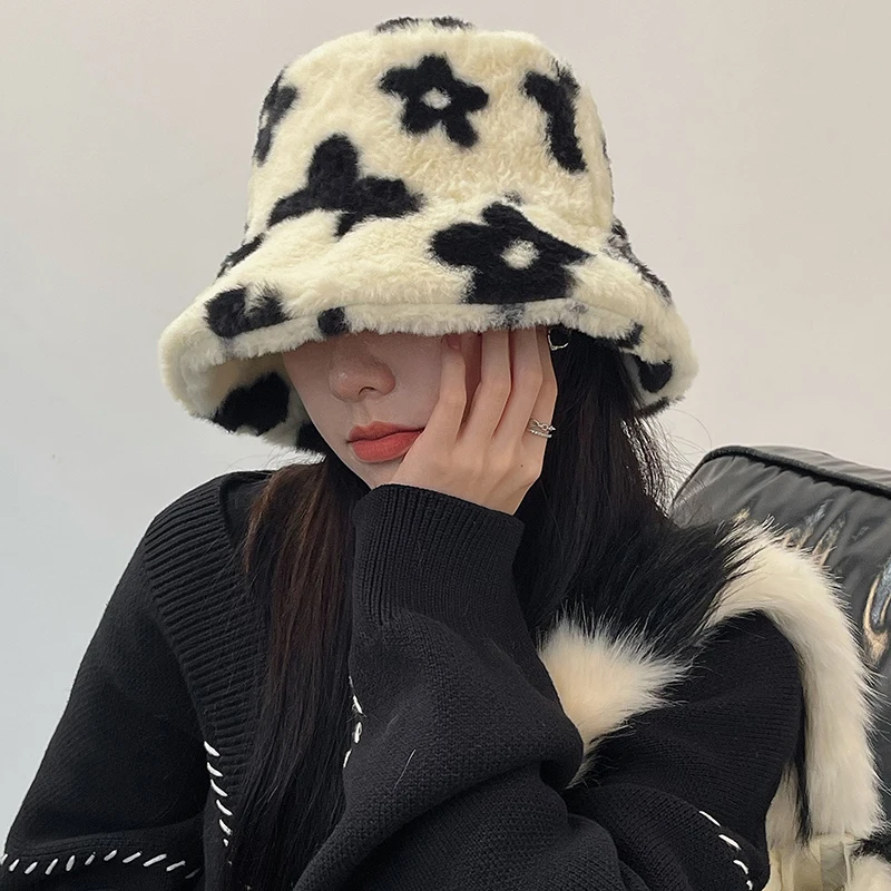 Women Flower Print Plush Bucket Hats Winter Outdoor Keep Warm Hat Ear Protection Fisherman Cap Soft Velvet Furry Panama Caps