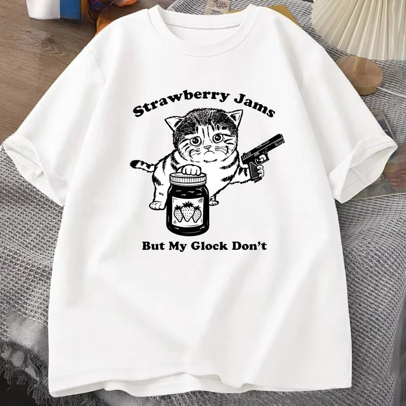 Summer Strawberry Jams But My Glock Don't Cat T-Shirt Women Men Kids Funny Cat Dad Summer T-Shirts Breathable Clothes Tees Top