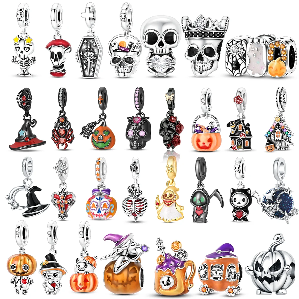 Silver 925 Purple Flying Witch Hat & Magic Book Charms Beads Fit Original Bracelets DIY Halloween Charm for Women Jewelry Gifts