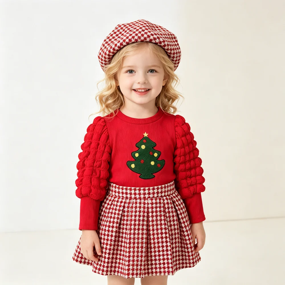 Kids Baby Girls Christmas 3Pcs Outfit Puff Bubble Long Sleeve  Top Houndstooth Pleated Skirt with Beret Hat Holiday Party Clothe
