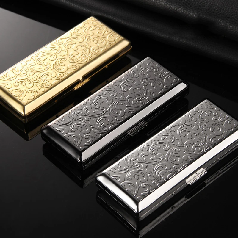 Female Embossed Slim Metal Cigarette Case, Portable, Sealed, Waterproof, Smoking Accessories with Gifts Box, 10-14Pcs