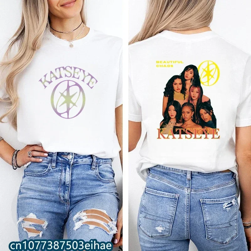 KATSEYE Retro Pattern Casual T Shirt Hot Korean K-pop Trend Soft Cotton Loose Street Clothes Daily Wear for Ladies & Girls